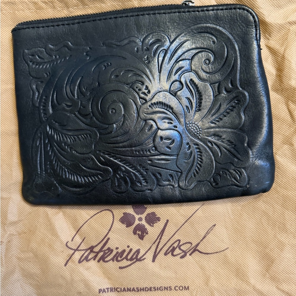 Patricia Nash Black Floral Embossed Leather Pouch